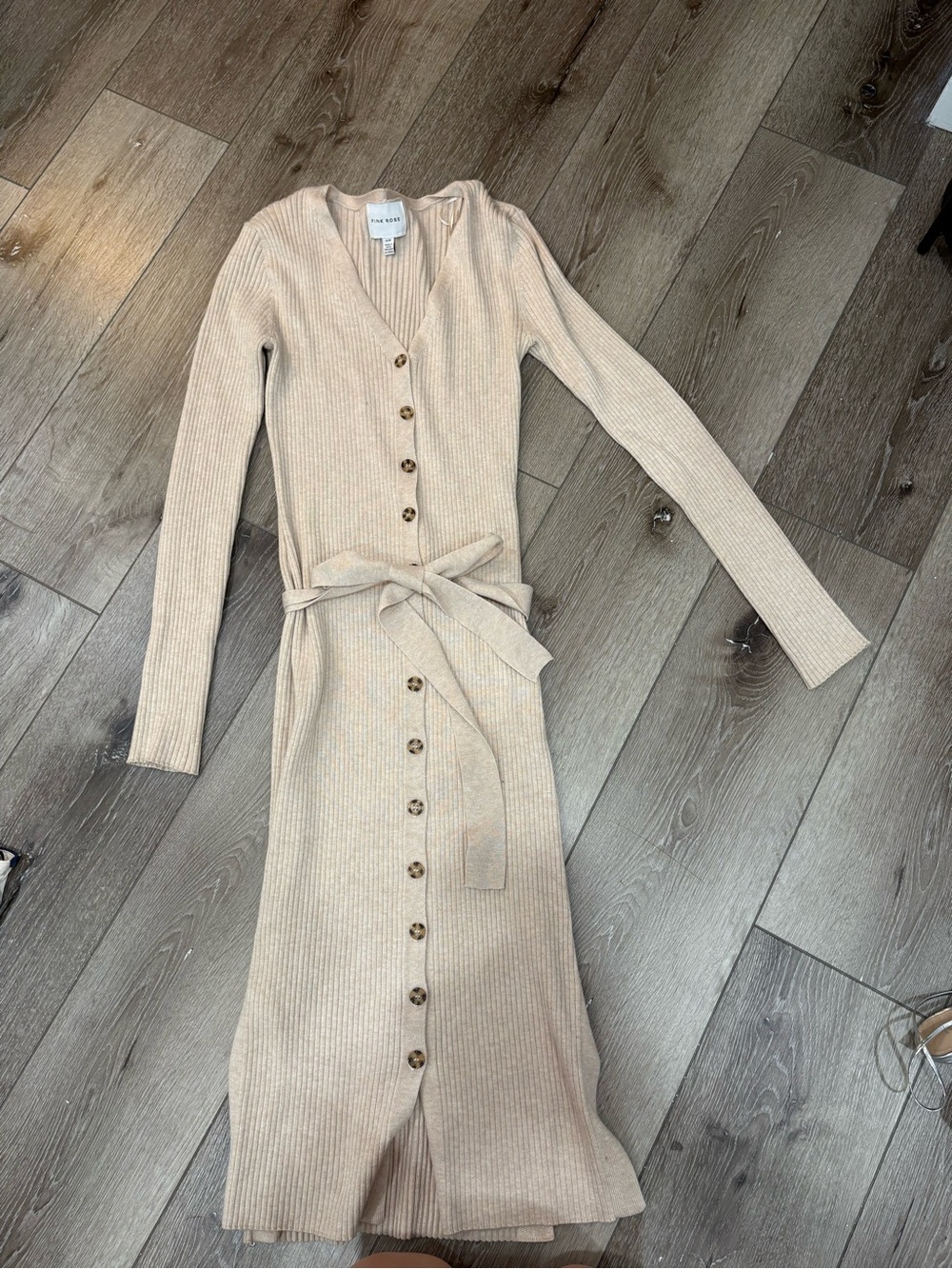 Pink Rose Rib-Knit Button Midi Dress in Beige